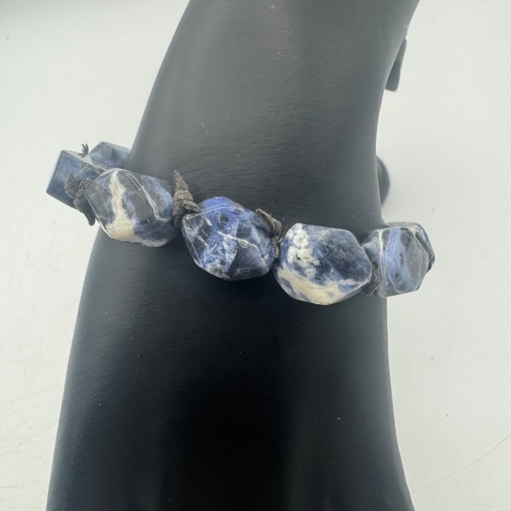 Chunky Blue Sodalite Gemstone Bracelet Polished Stones Stretch Cord Elastic Band